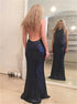 Mermaid Jewel Floor Length Backless Navy Blue Sequined Prom Dress LBQ3330